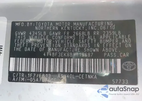 2011 Toyota Camry Le из США, поврежденный, VIN 4T4BF3EK8BR119687